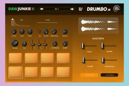 Featured image for “DAWJunkie Drumbo Jr: Free Drum Machine Plugin”